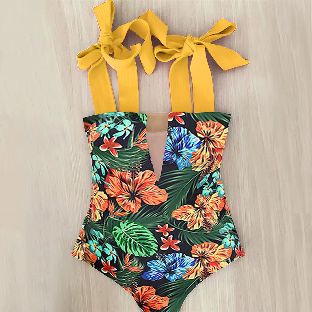 One Piece Swimsuit New Cute Swimwear Women Bow Swimwear Hollow Out Bathing Suit Back Crisscross Monokini Swim