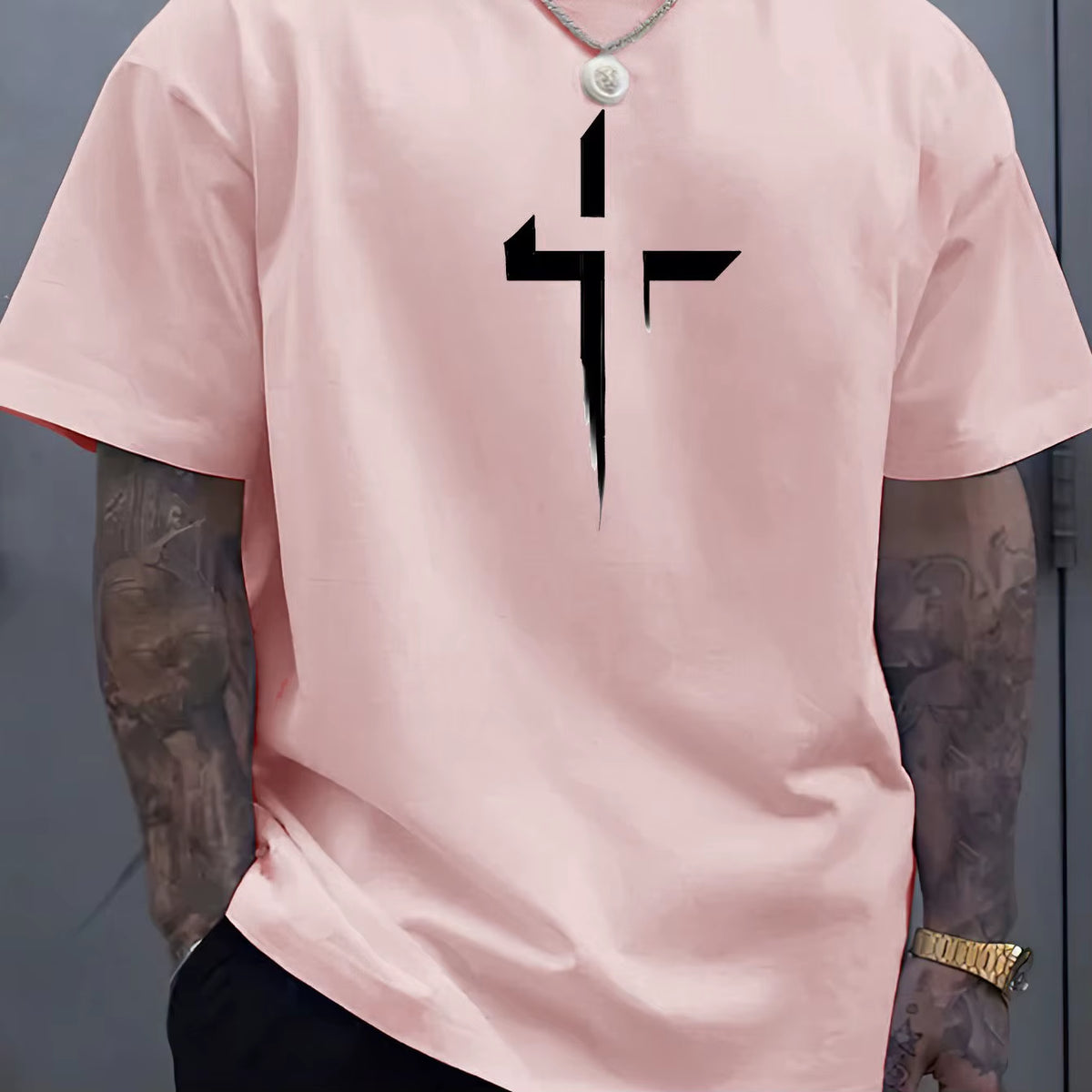 Summer Men'S 100% Pure Cotton Casual Loose plus Size Cross Creative Printed Sports Comfortable round Neck Short Sleeved T-Shirt