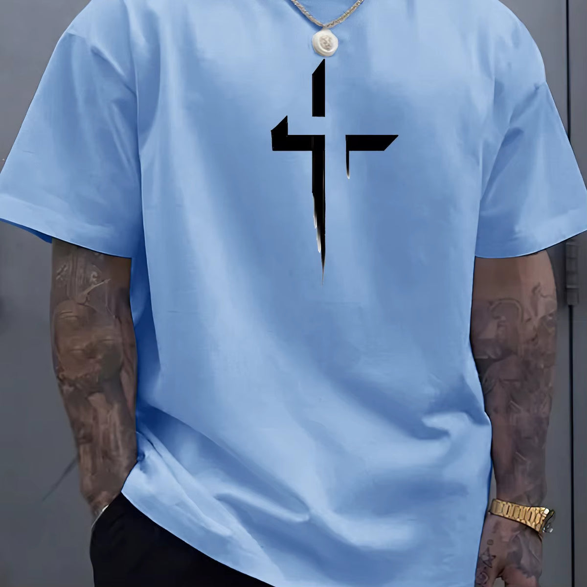 Summer Men'S 100% Pure Cotton Casual Loose plus Size Cross Creative Printed Sports Comfortable round Neck Short Sleeved T-Shirt