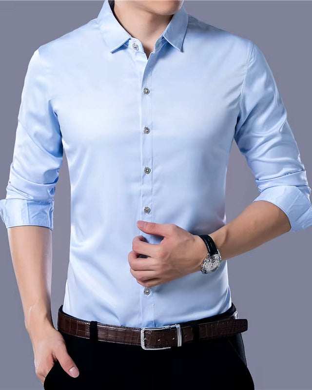 Men'S Casual Fashion Business Solid Color Long Sleeved Shirt