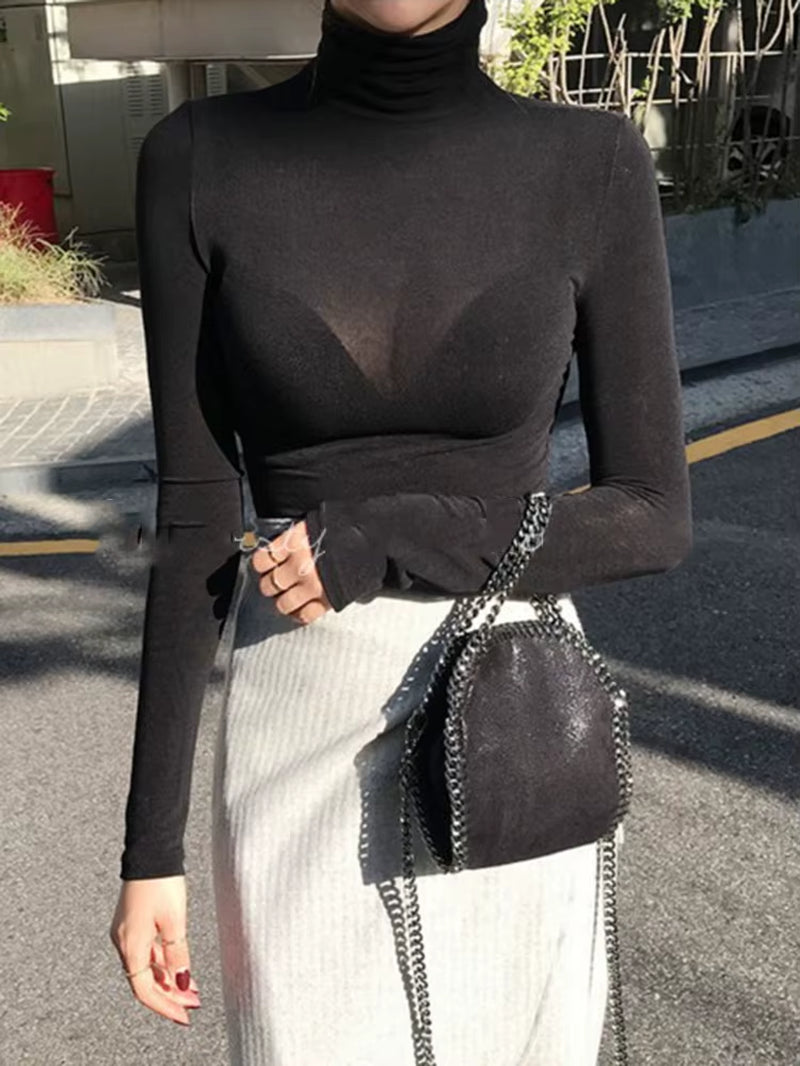 Turtleneck Slim High Quality Plain T Shirt Women Cotton Elastic Basic Female Tops Long Sleeve Sexy Thin T-Shirt See through 2026