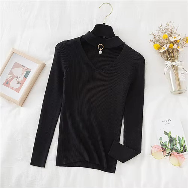 2026 Basic V-Neck Beading Solid Autumn Winter Sweater Pullover Women Knitted Sweaters Slim Stretch Badycon Jumper Mujer
