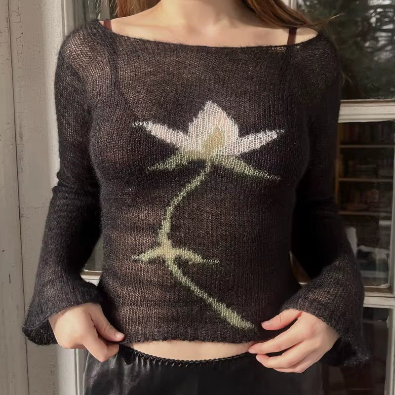Flower Long Sleeve Knitted Crop Tops Aesthetic See through Sweater Tees 90S Vintage Y2K Gyaru Crop Tops Jumpers Cottage Clothes