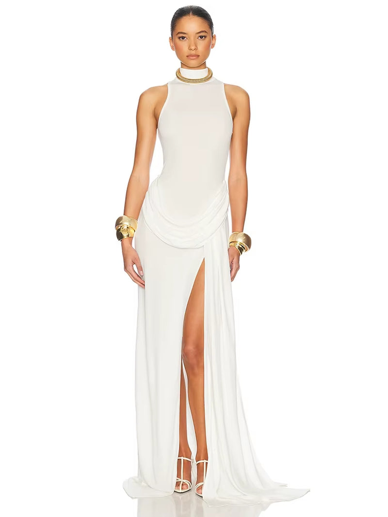 Turtleneck Off-Shoulder Sleeveless Thigh Split High Waist Pleated Maxi Dress for Women Elegant Fashion Club Party Dress