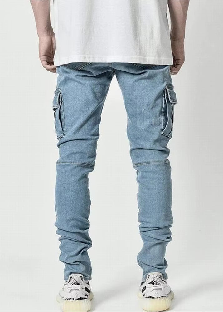Street Elastic Jeans Men Denim Cargo Pants Wash Solid Color Multi Pockets Casual Mid Waist Trousers Slim Fit Daily Wear Joggers