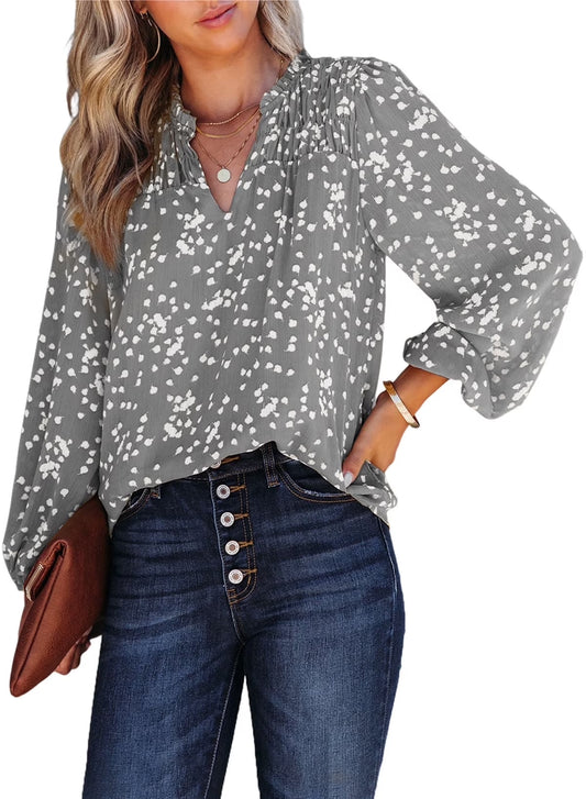Blouses for Women Casual V Neck Long Sleeve Pleated Smocked Boho Floral Print Tunic Tops Business Dressy Top Shirts Gray M