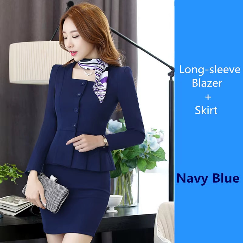 S-4XL Office Women Skirt Suits Summer Spring Autumn Fashion Elegant U-Neck Long-Sleeve Slim Work Blazer Suits Pants Sets Female