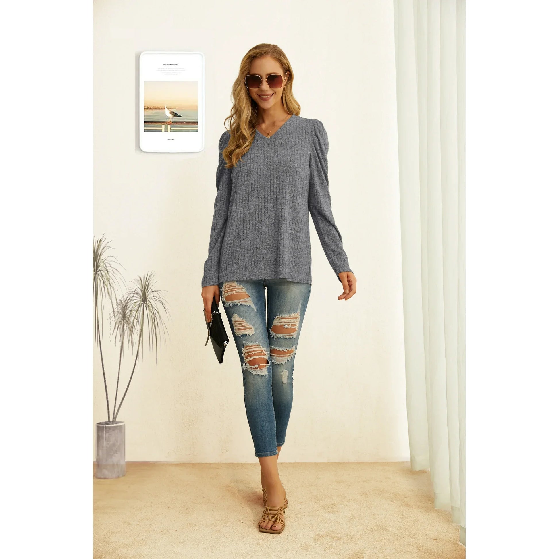Long Sleeve Shirts for Women V Neck Casual Tunic Tops Lightweight Pullover Dark Gray-X-Large