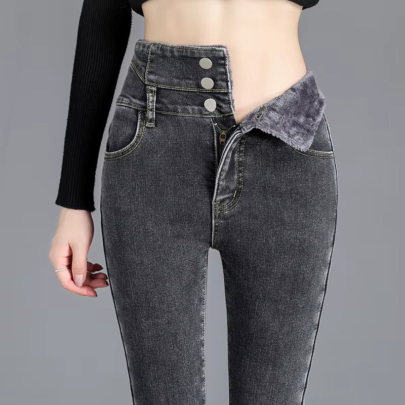 High-Quality Winter Thick Fleece High-Waist Warm Skinny Jeans Thick Women Stretch Button Pencil Pants Mom Casual Velvet Jeans