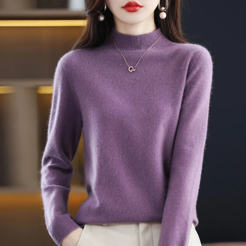 100% Merino Wool Cashmere Sweater Women'S Sweater Semi-High-Necked Long-Sleeved Pullover New Warm Pullover in Autumn and Winter.