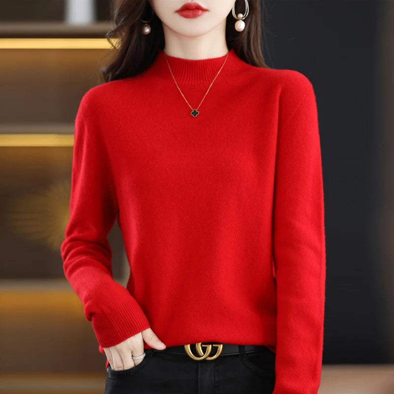 100% Merino Wool Cashmere Sweater Women'S Sweater Semi-High-Necked Long-Sleeved Pullover New Warm Pullover in Autumn and Winter.