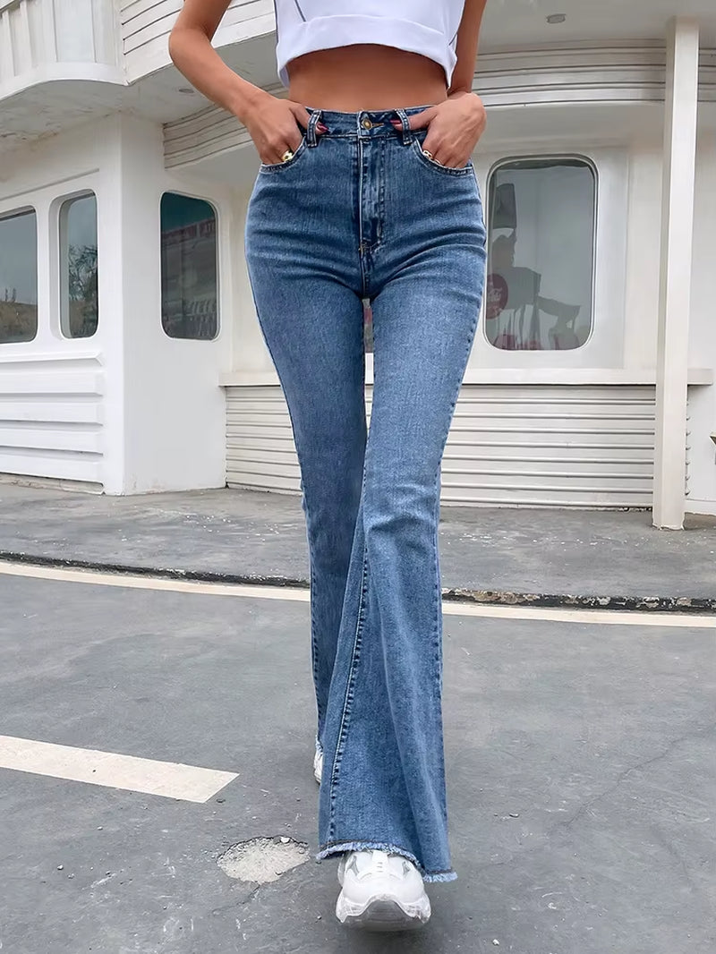 Button Fly Women'S Raw Hem Flare Jeans Autumn Fashion Woman Denim Pants Jean Femme High Waist Full Length Slim Jeans