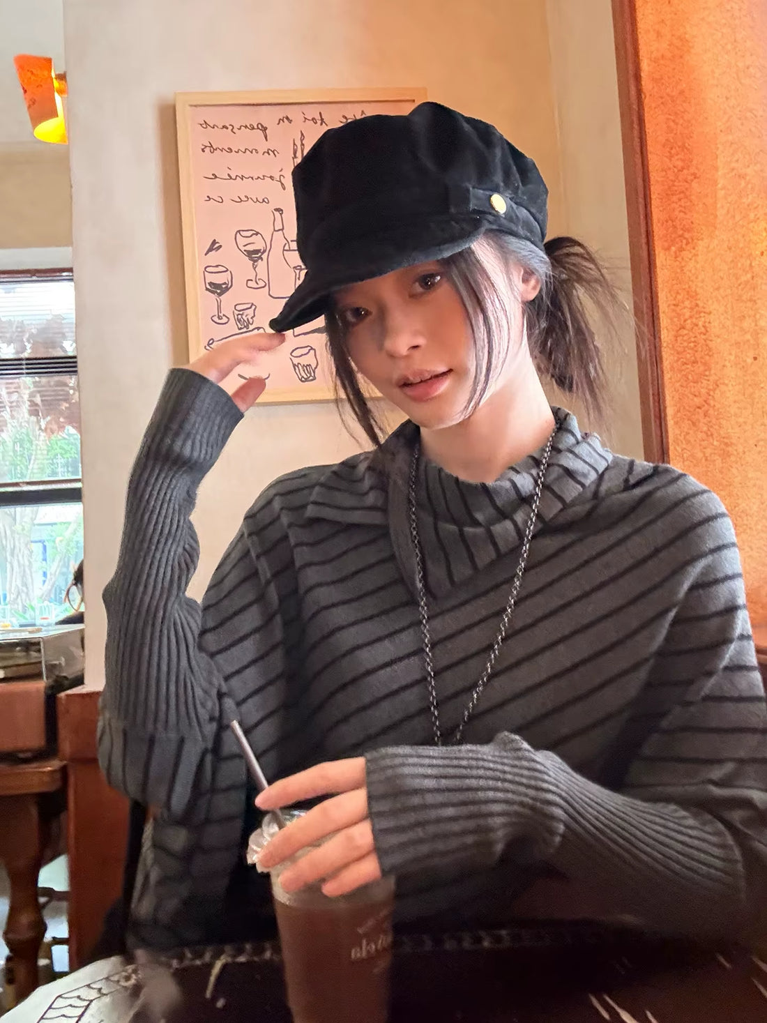 Harajuku Striped Sweater Women Batwing Sleeve Knit Turtleneck Pullovers Y2K Japanese 2000S Knitwear Korean Style Tops