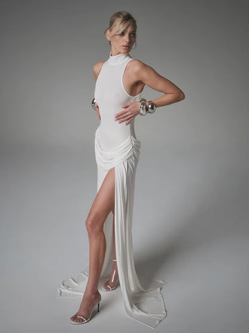 Turtleneck Off-Shoulder Sleeveless Thigh Split High Waist Pleated Maxi Dress for Women Elegant Fashion Club Party Dress