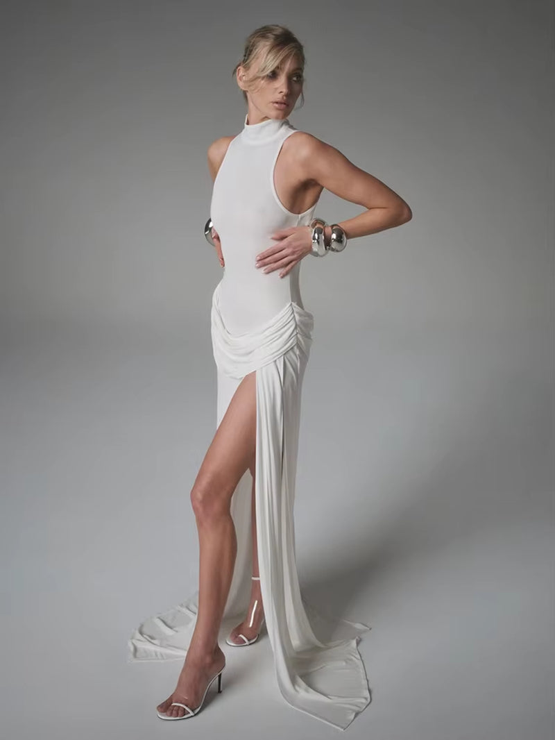 Turtleneck Off-Shoulder Sleeveless Thigh Split High Waist Pleated Maxi Dress for Women Elegant Fashion Club Party Dress