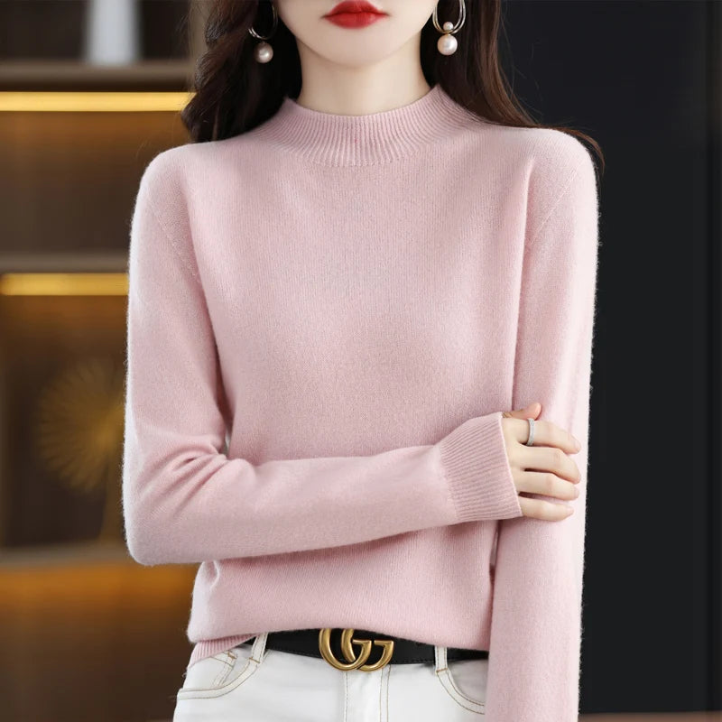 100% Merino Wool Cashmere Sweater Women'S Sweater Semi-High-Necked Long-Sleeved Pullover New Warm Pullover in Autumn and Winter.