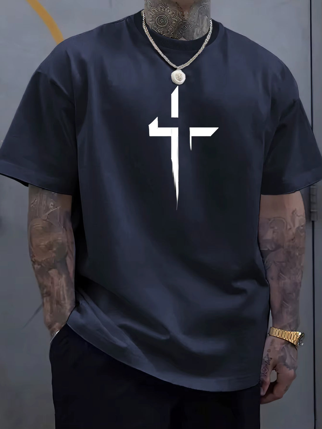 Summer Men'S 100% Pure Cotton Casual Loose plus Size Cross Creative Printed Sports Comfortable round Neck Short Sleeved T-Shirt