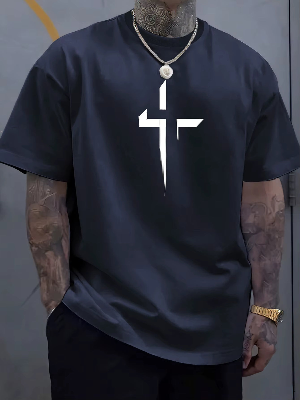 Summer Men'S 100% Pure Cotton Casual Loose plus Size Cross Creative Printed Sports Comfortable round Neck Short Sleeved T-Shirt