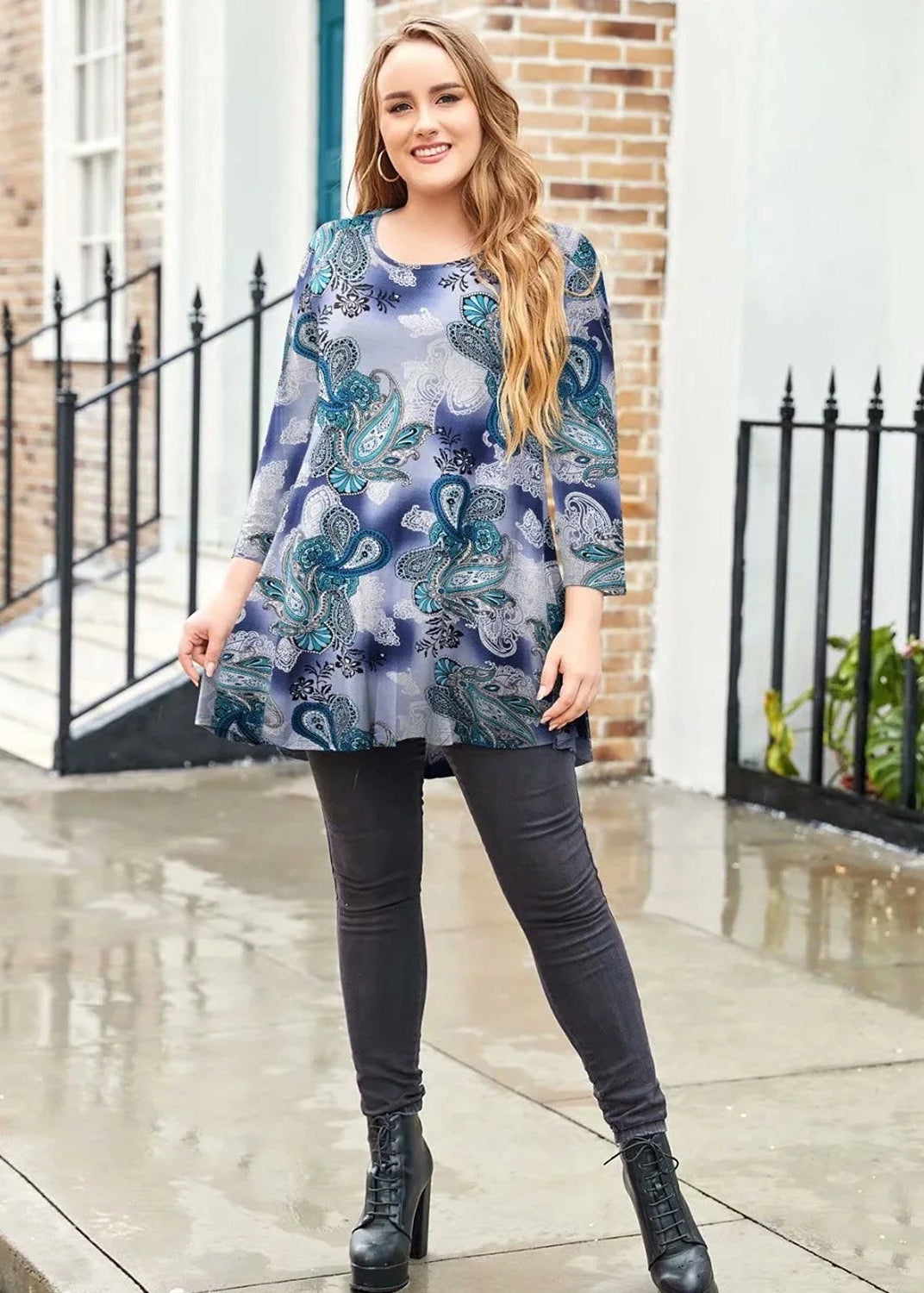 3/4 Sleeve Shirts for Women plus Size Tunic Dressy Top Loose Fit Flare T-Shirt A-Green03 1X