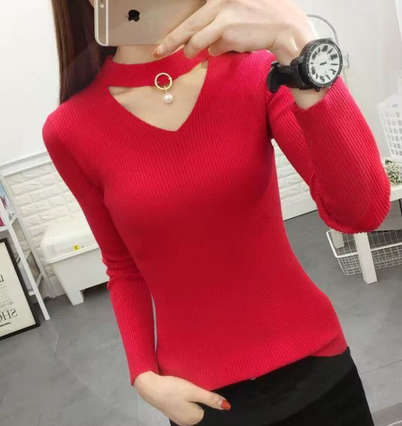 2026 Basic V-Neck Beading Solid Autumn Winter Sweater Pullover Women Knitted Sweaters Slim Stretch Badycon Jumper Mujer