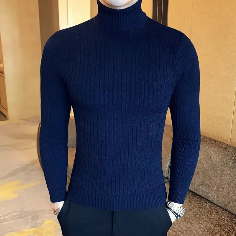 European and American New High-Neck Sweater. Men'S Solid Color Twisted Long-Sleeved Knitted Sweater for Winter.