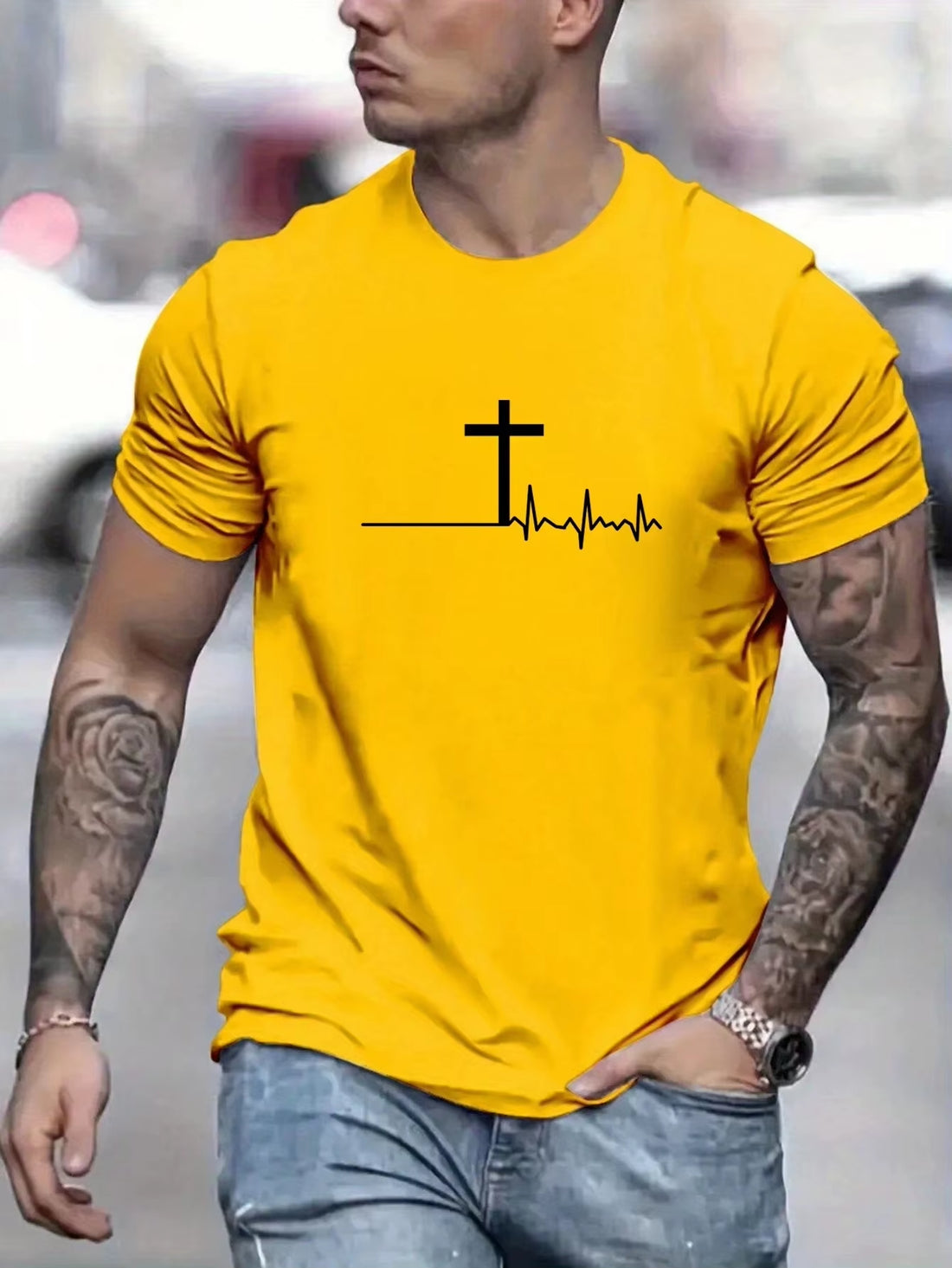 Men'S 100% Cotton Summer Loose and Comfortable Fashion Cross Print Slim Fit Casual Sports round Neck Short Sleeved T-Shirt Top