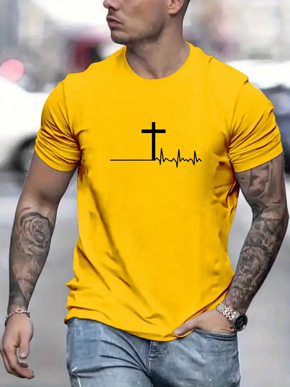 Men'S 100% Cotton Summer Loose and Comfortable Fashion Cross Print Slim Fit Casual Sports round Neck Short Sleeved T-Shirt Top