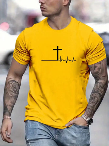 Men'S 100% Cotton Summer Loose and Comfortable Fashion Cross Print Slim Fit Casual Sports round Neck Short Sleeved T-Shirt Top