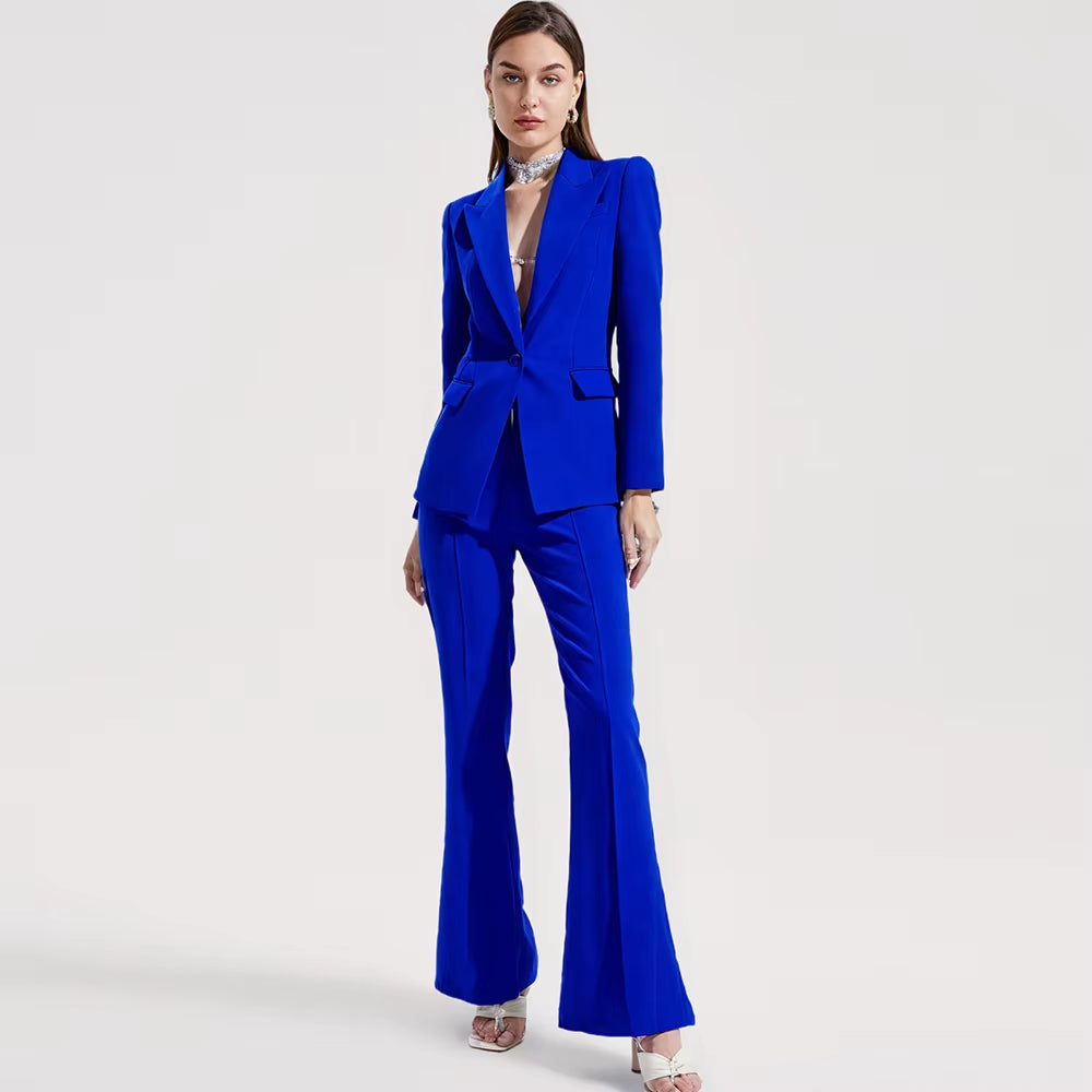 Office Ladies Pantsuit Women Yellow Purple Business Classic Single Buttons Flared Pants Blazer + Pants Two Piece Set Formal Suit