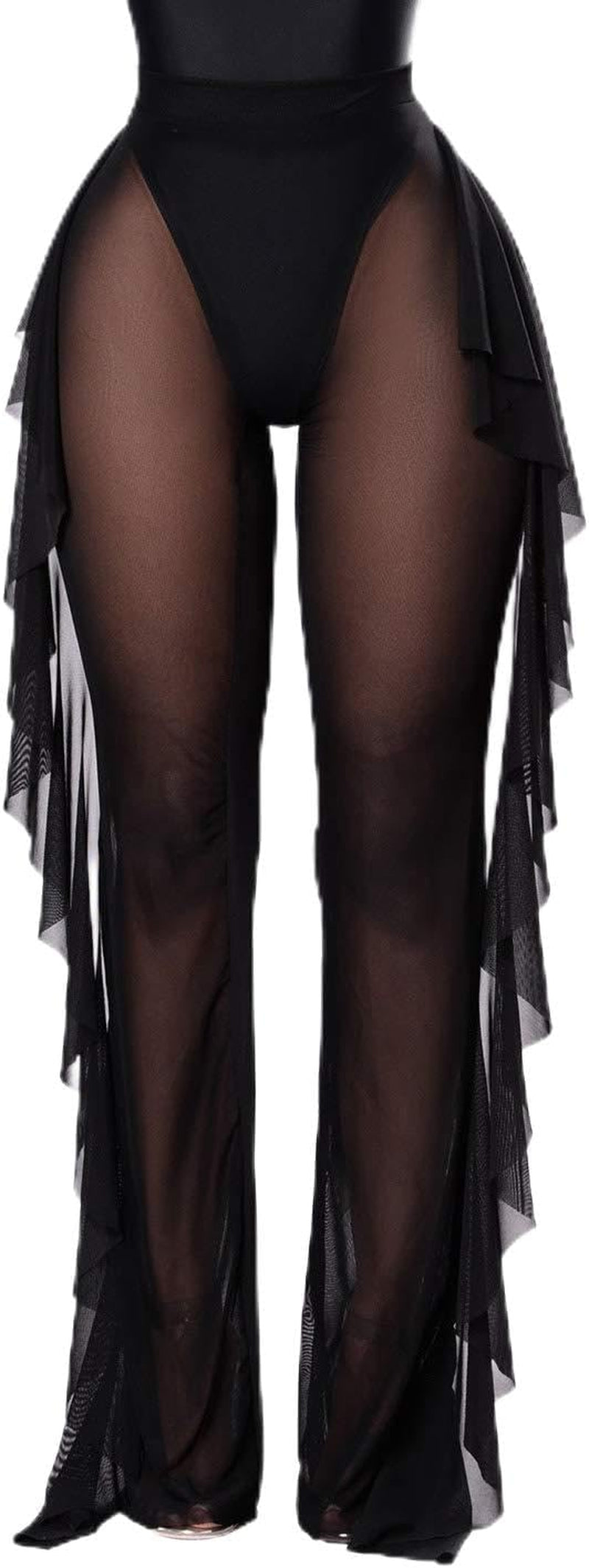 Women'S Sheer Mesh Ruffle Swimsuit Cover up Pants Black L