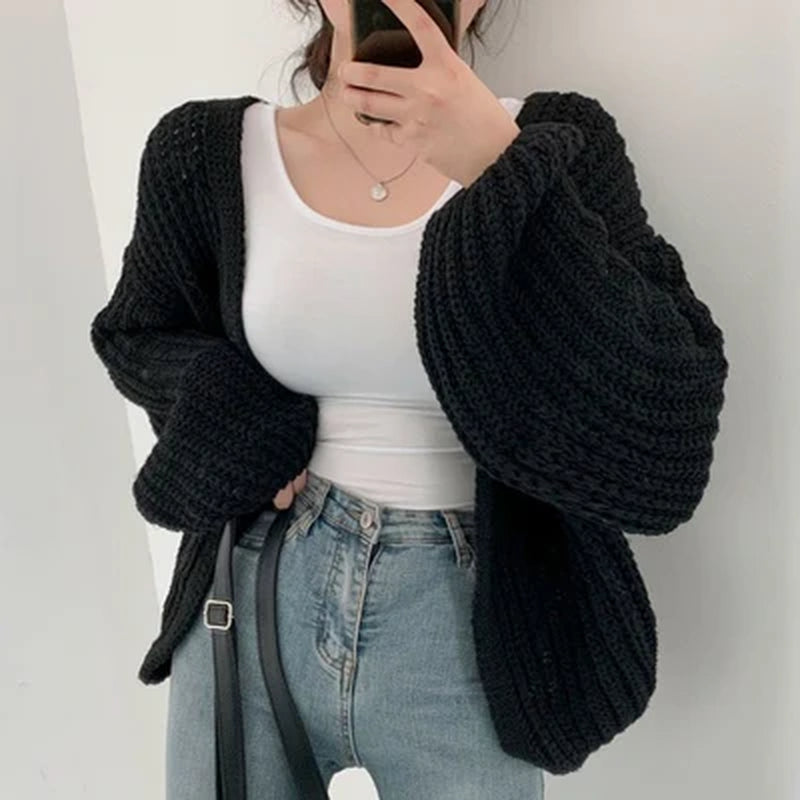 Vintage Harajuku Lantern Sleeve Women Cardigan Sweater Casual Korean Fall Streetwear Tops Coat Chic Lazy Wind Y2K Sweater