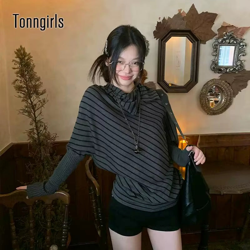 Harajuku Striped Sweater Women Batwing Sleeve Knit Turtleneck Pullovers Y2K Japanese 2000S Knitwear Korean Style Tops