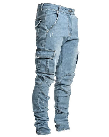 Street Elastic Jeans Men Denim Cargo Pants Wash Solid Color Multi Pockets Casual Mid Waist Trousers Slim Fit Daily Wear Joggers