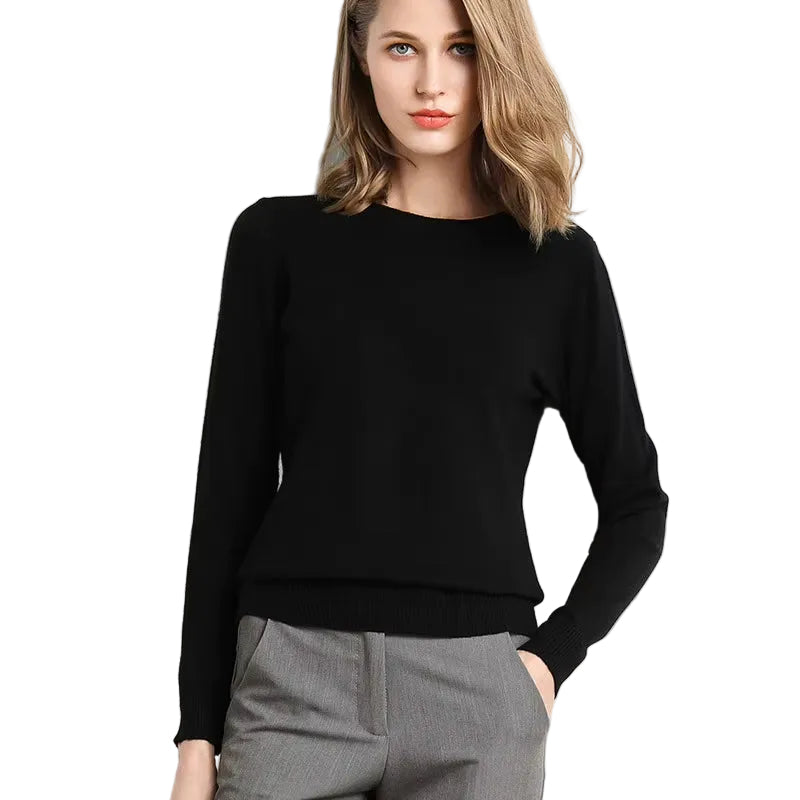 Women Slim O-Neck Pullover Cashmere Wool Blending Sweater Autumn and Winter Long-Sleeved Knit Bottoming Shirt Large Size 2024