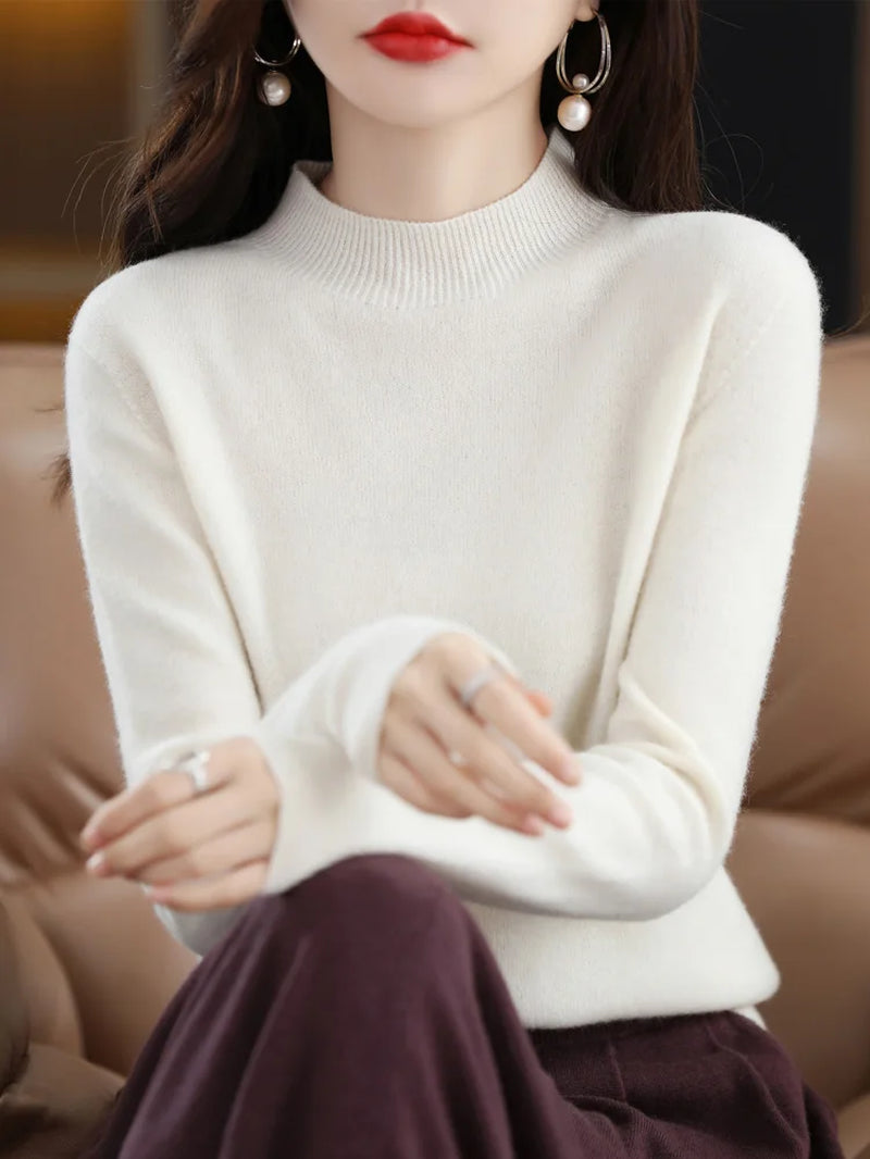 100% Merino Wool Cashmere Sweater Women'S Sweater Semi-High-Necked Long-Sleeved Pullover New Warm Pullover in Autumn and Winter.