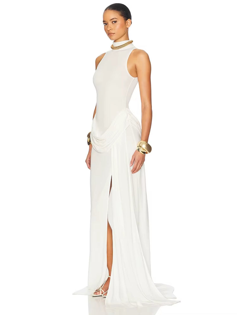 Turtleneck Off-Shoulder Sleeveless Thigh Split High Waist Pleated Maxi Dress for Women Elegant Fashion Club Party Dress