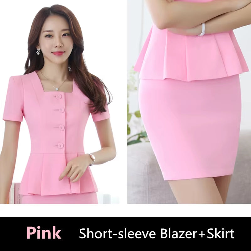 S-4XL Office Women Skirt Suits Summer Spring Autumn Fashion Elegant U-Neck Long-Sleeve Slim Work Blazer Suits Pants Sets Female