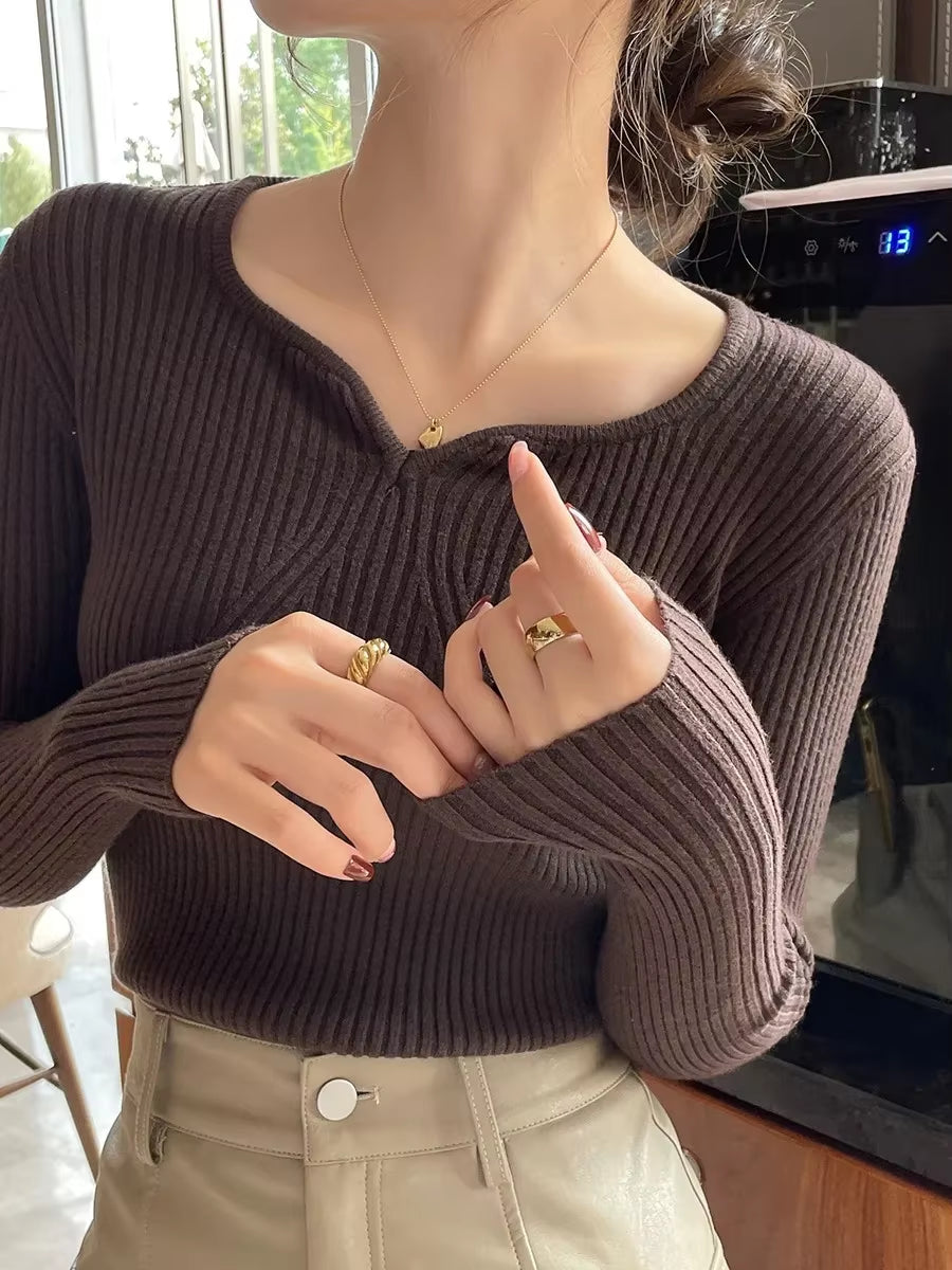 2026 Basic V-Neck Chic Autumn Winter Pullover Women Female Knitted Ribbed Sweater Slim Long Sleeve Badycon High Quality Sweater
