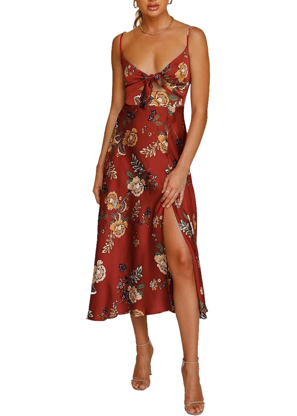 Floral Satin Tie Front Midi Dress