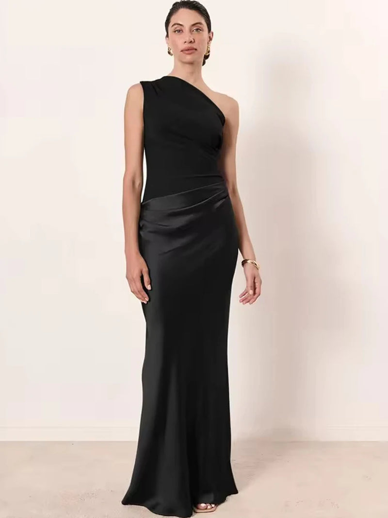 Patchwork Satin Sexy One Shoulder Women Maxi Dress Brown Sleeveless Evening Dress Summer Slim Elegant Party Clubwear