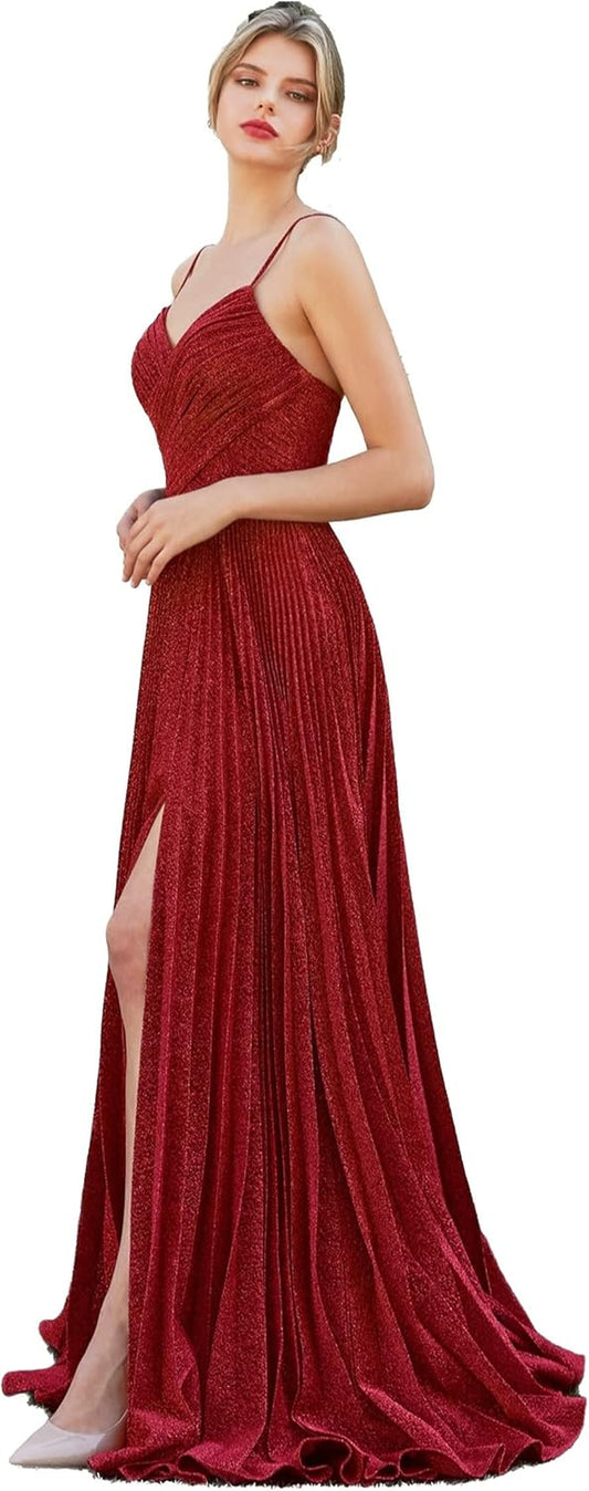 Women'S Metallic Glitter Pleated Long Prom Formal Dress