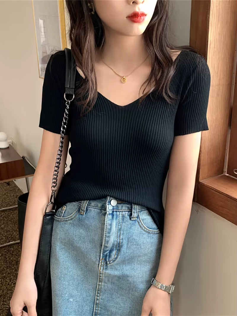 2026 Basic V-Neck Solid Thin Summer Pullover Women Female Knitted Ribbed Sweater Slim Short Sleeve Bodycon Sweater