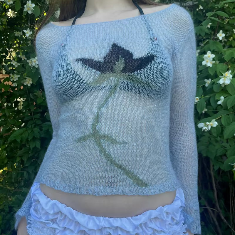 Flower Long Sleeve Knitted Crop Tops Aesthetic See through Sweater Tees 90S Vintage Y2K Gyaru Crop Tops Jumpers Cottage Clothes