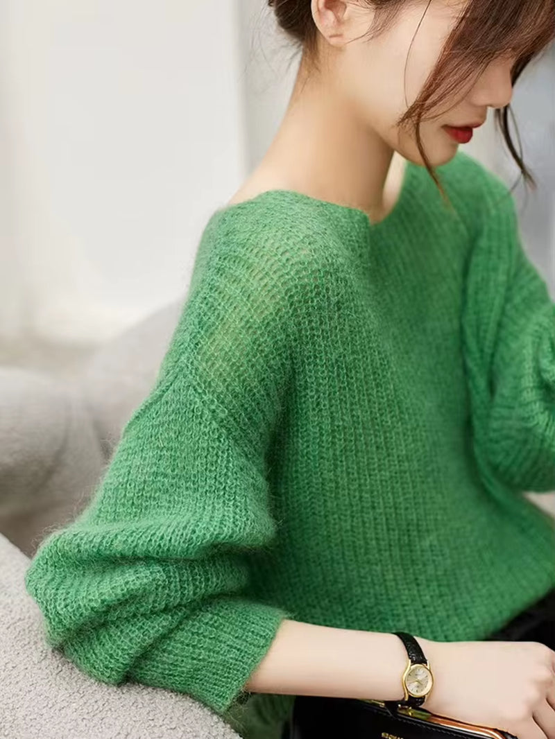 Elegant See-Through Women Sweater Pullover Loose Jumper Autumn Winter Soft Warm Women Knitwear Sweater Basic Solid Cashmere Tops