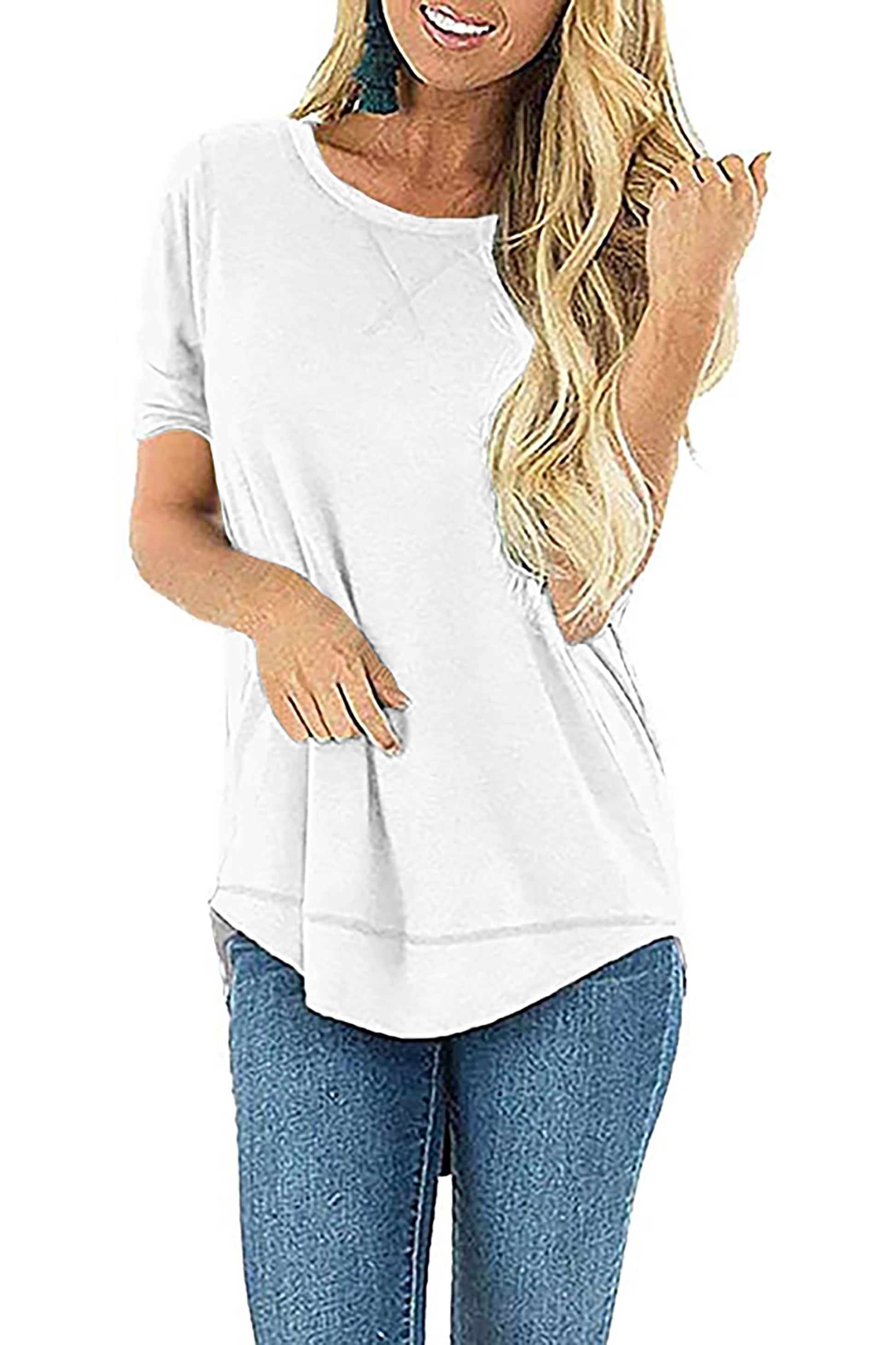 Summer Short Sleeve T-Shirts for Women Fashion Trendy Loose Cute Tunic Casual Crew Neck Tops White Blouse Size L