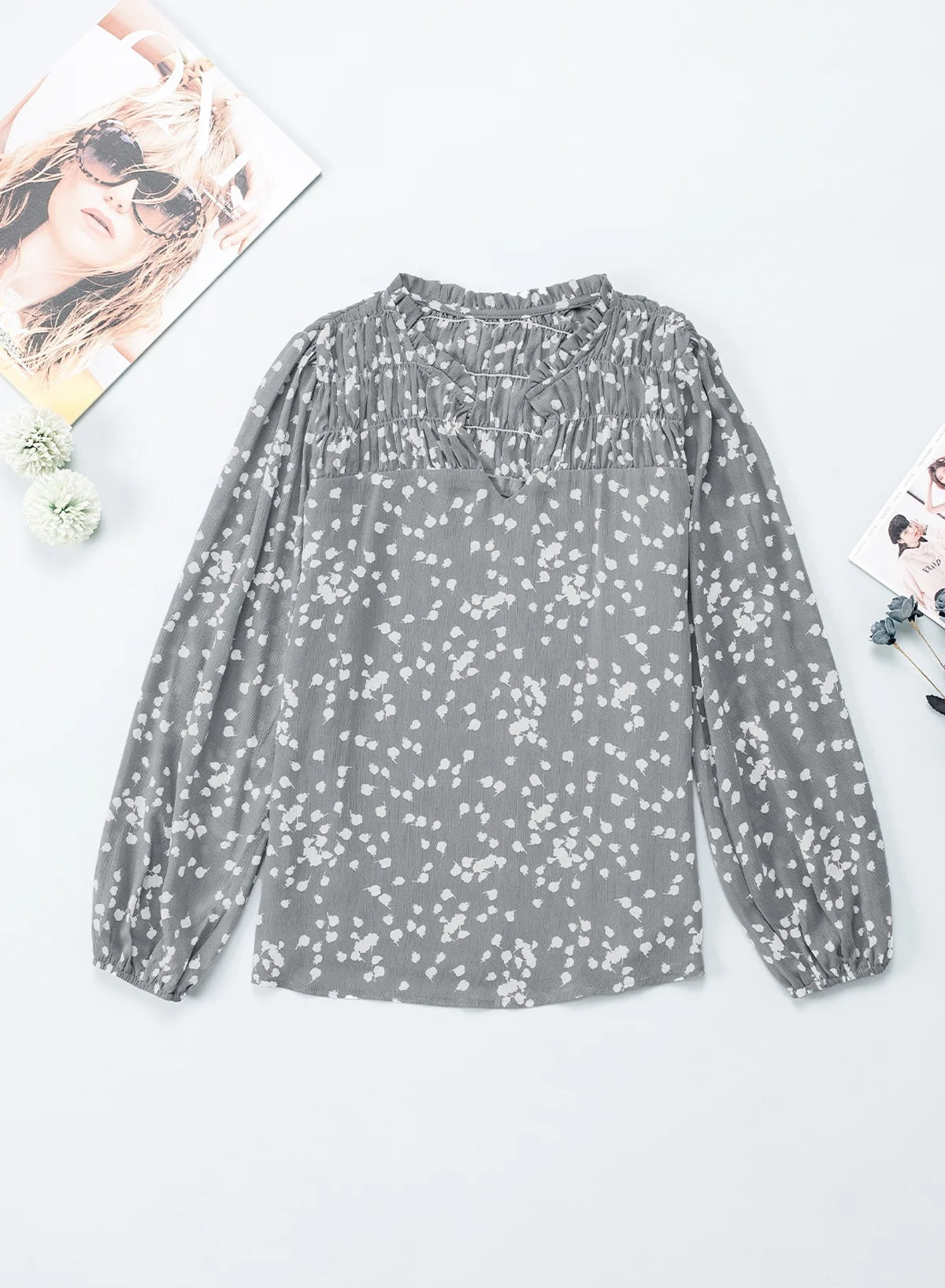 Blouses for Women Casual V Neck Long Sleeve Pleated Smocked Boho Floral Print Tunic Tops Business Dressy Top Shirts Gray M
