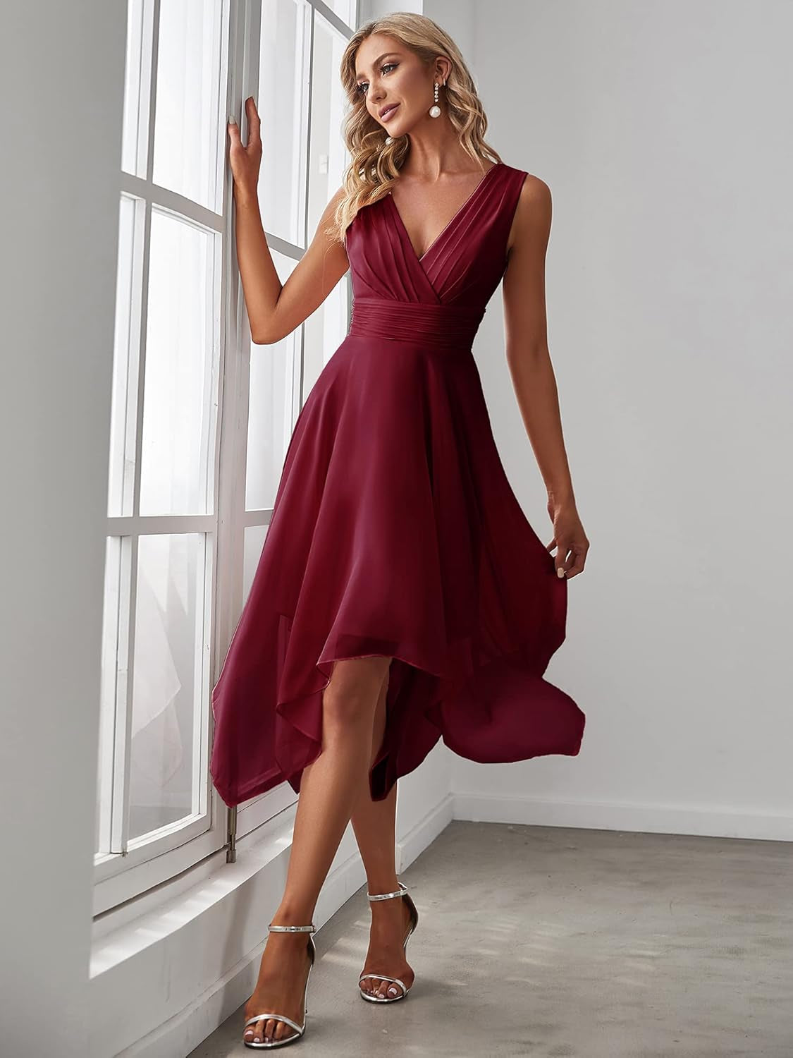 Women'S V Neck Pleated Waist Sleeveless Wedding Guest Dress Chiffon Irregular Hem Cocktail Dresses 03142