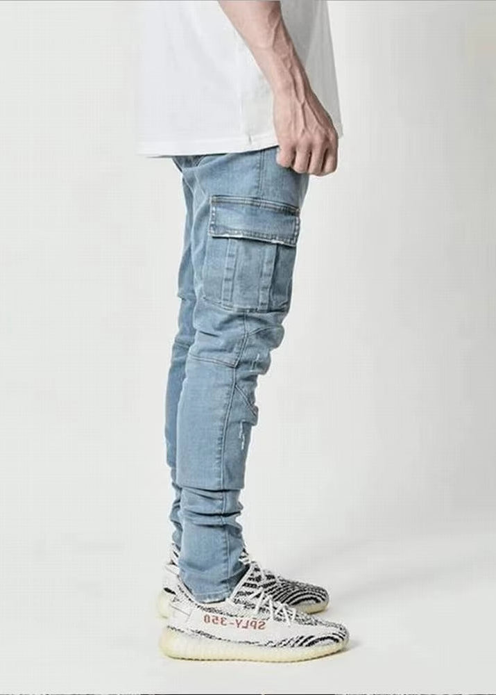 Street Elastic Jeans Men Denim Cargo Pants Wash Solid Color Multi Pockets Casual Mid Waist Trousers Slim Fit Daily Wear Joggers