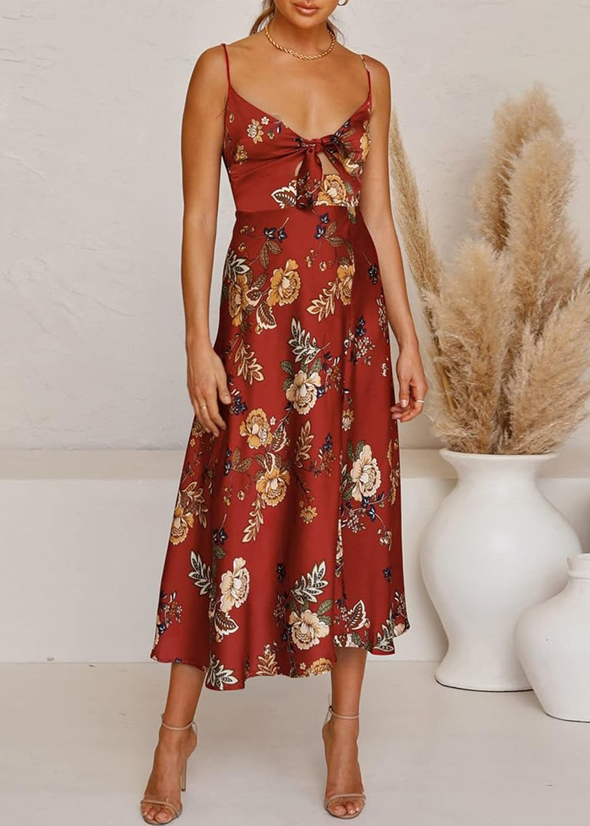 Floral Satin Tie Front Midi Dress