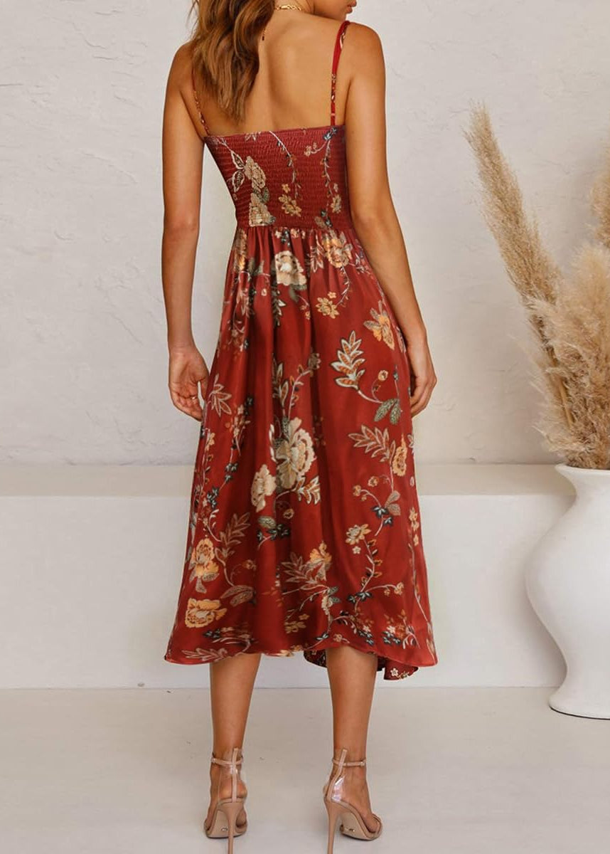 Floral Satin Tie Front Midi Dress